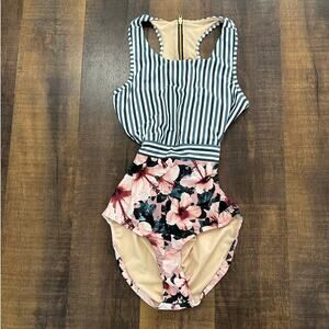 Albion Fit Striped Floral Cutout Tie Back One Piece Swimsuit Size XL